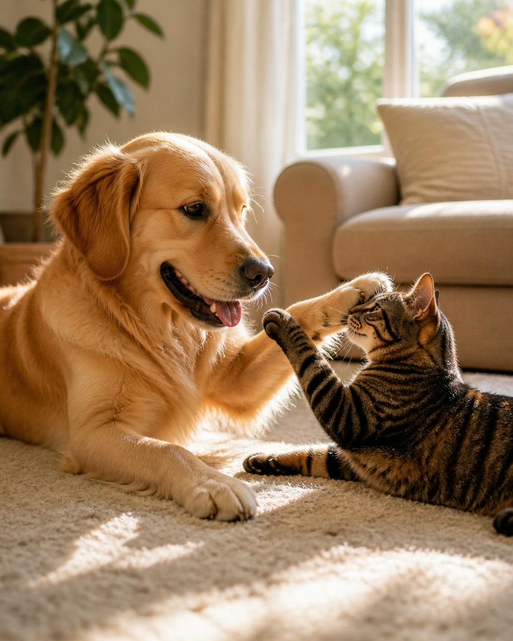 Live stream view of pets playing together in a cozy home